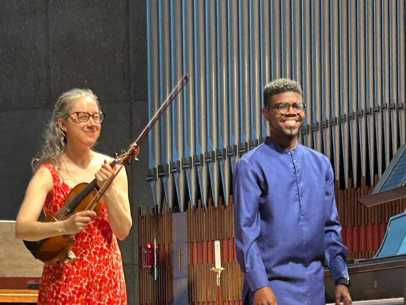 Emily Kalish and Kyle P. Walker taking applause after a Beaches Fine Arts recital